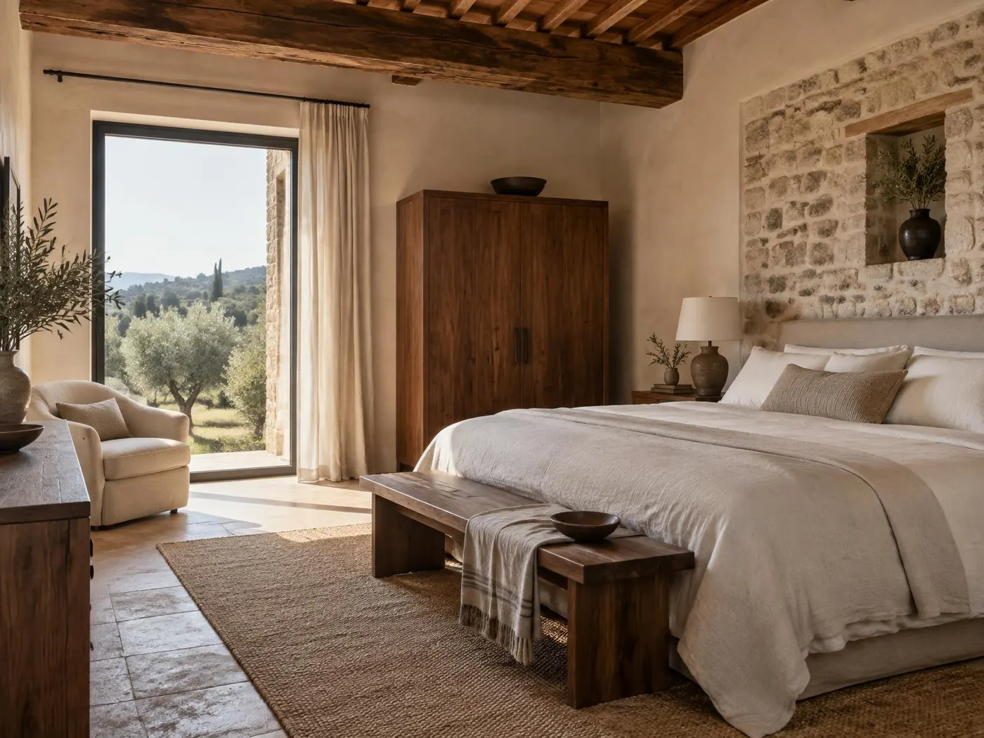 Camera luminosa con letto e arredi naturali, immagine illustrativa